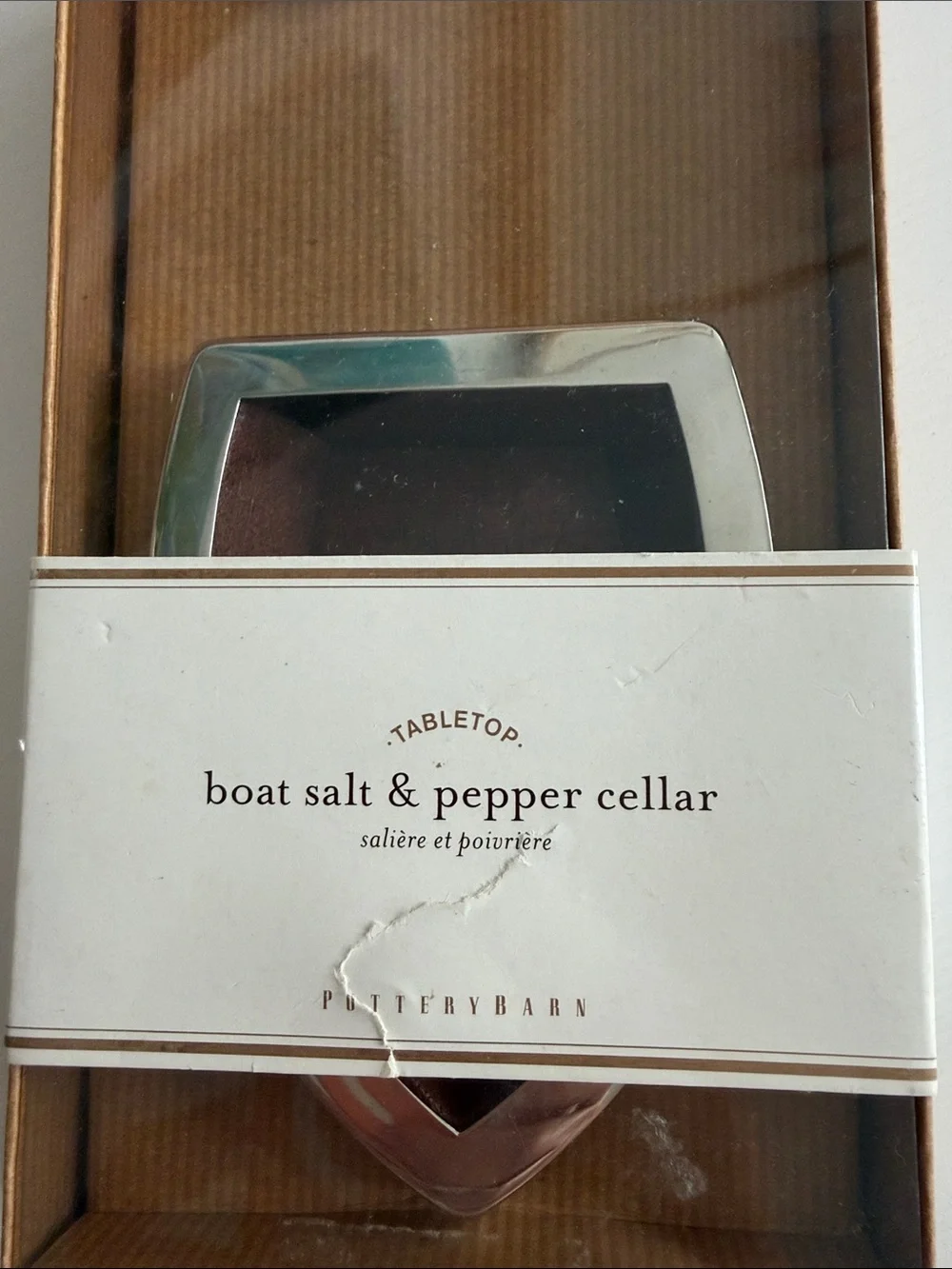 Pottery Barn Wood and Metal Boat Table Top Salt & Pepper Cellar with Spoon